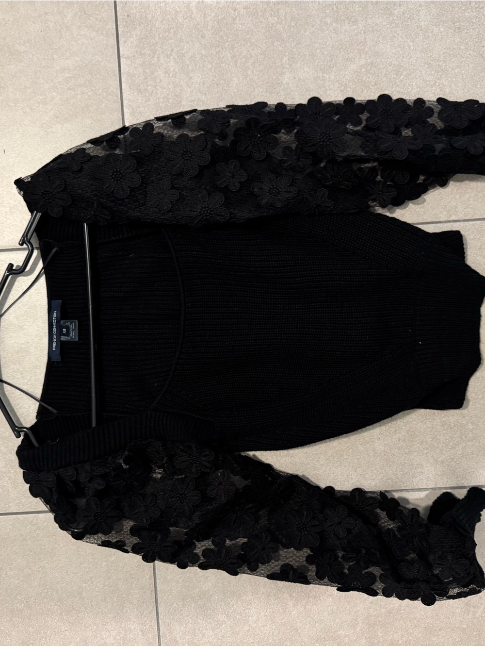 French Connection Black Knit Sweater with Floral Lace Sleeves